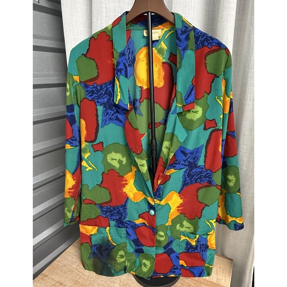 Roamans Colorful Abstract Floral Blazer Jacket Womens 14 Button Front Made USA